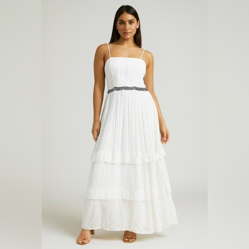Tanya Taylor sleeveless white tiered midi dress